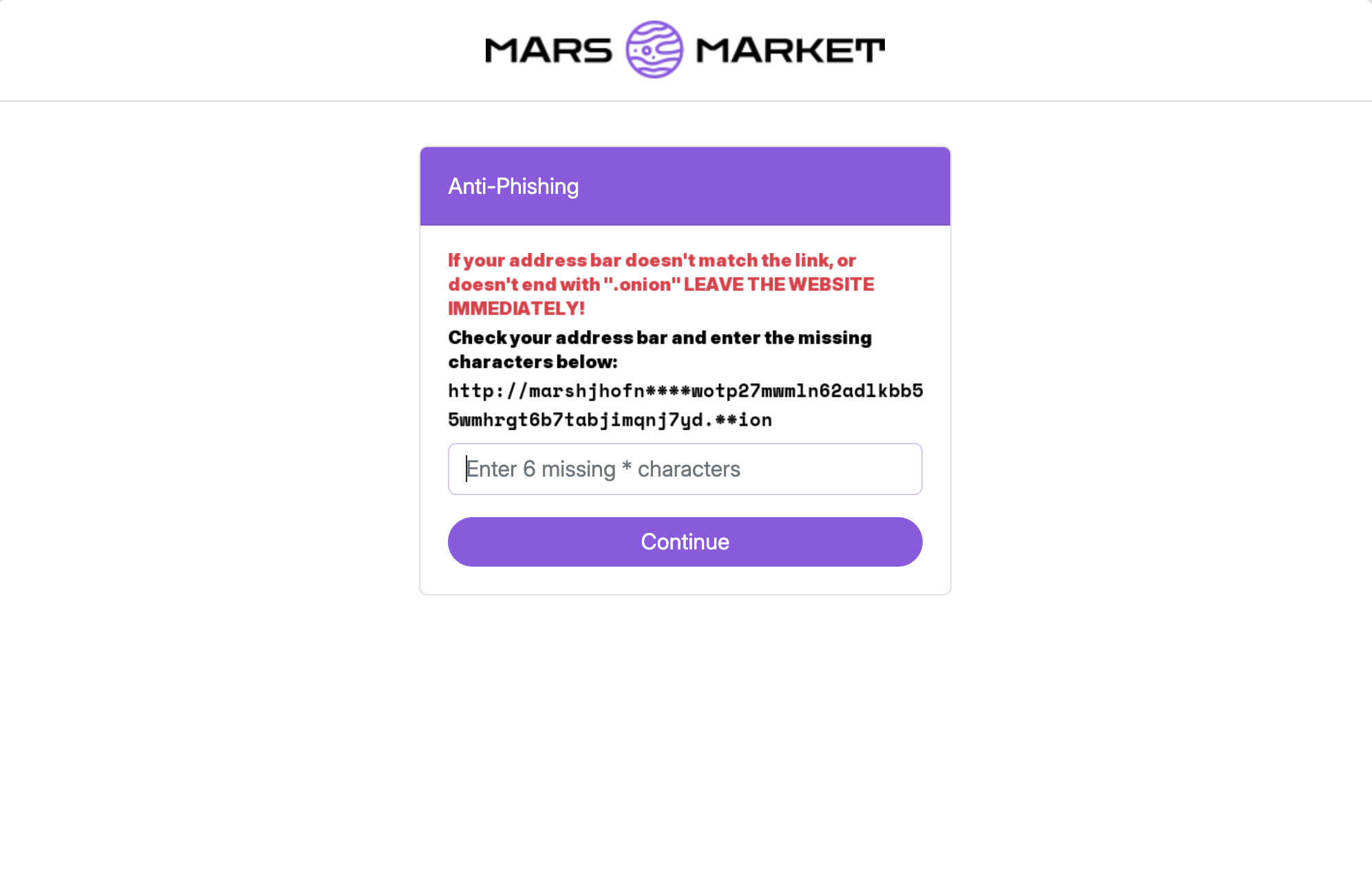 Mars Market DDoS protection and Anti-Phishing screen